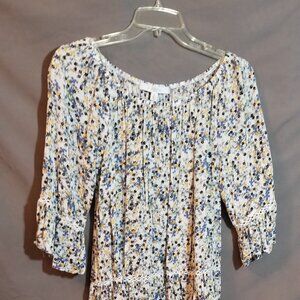 FEVER, 3/4 SLEEVE, SMOCKED-WAIST TOP, WHITE BACKGROUND WITH BLUE FLOWERS.